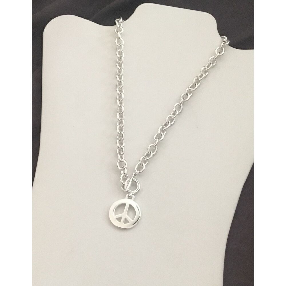 Trendy New Silver Peace Toggle Necklace